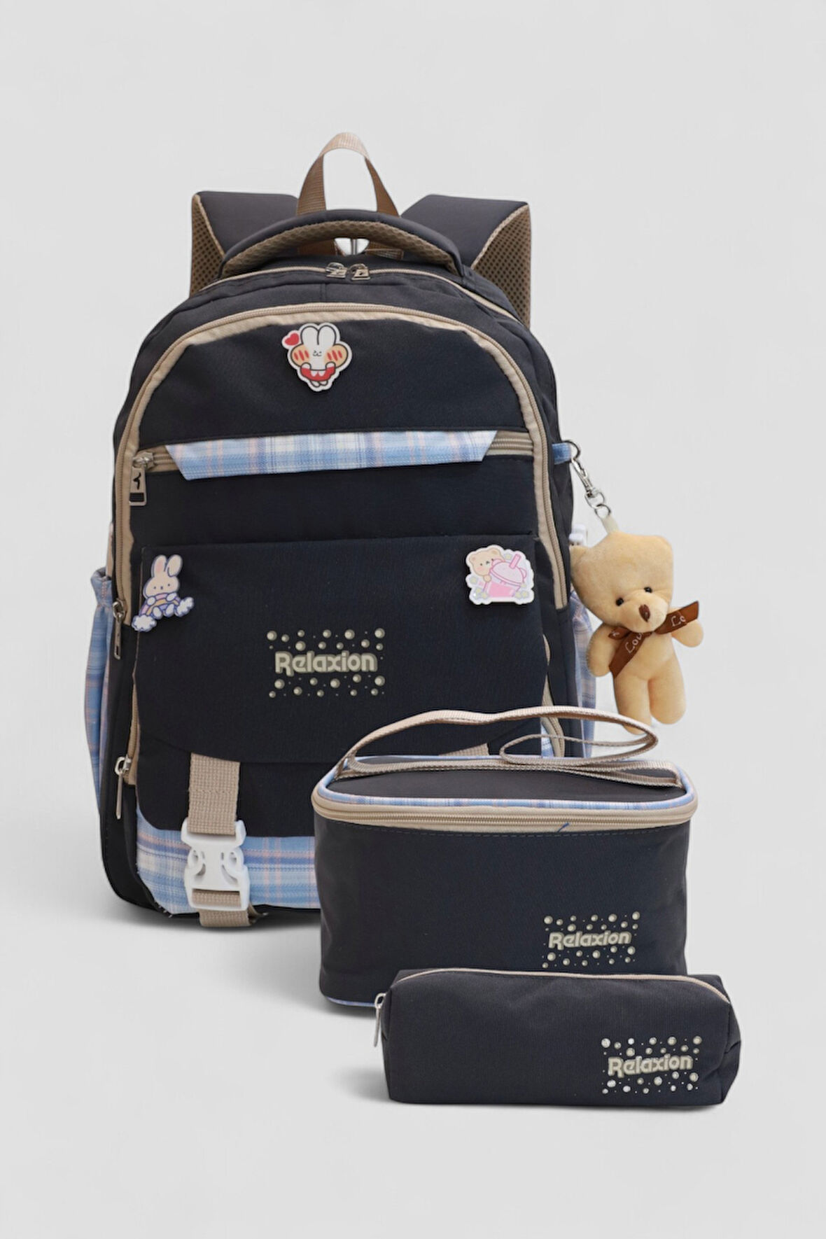 Relaxion 1396 Kore Tarzı Unisex Çocuk Üçlü Set İlkokul Sırt Çantası - NKT02206-siyah-mor-TEKEBAT