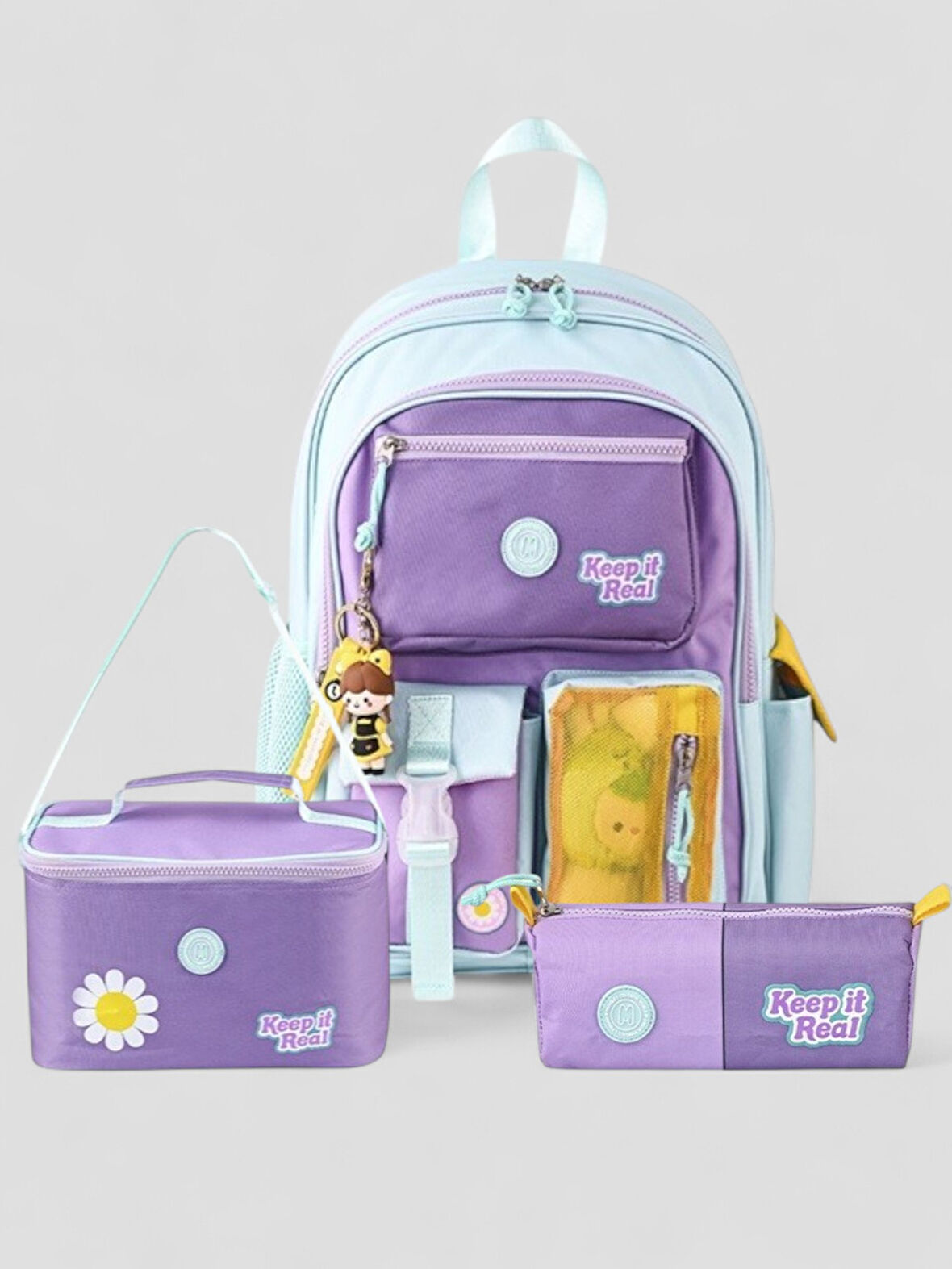 Muggle 2214 İthal Ürün Üst Kalite Unisex Çocuk Üçlü Set İlkokul Sırt Çantası - NKT02214-MOR-TEKEBAT