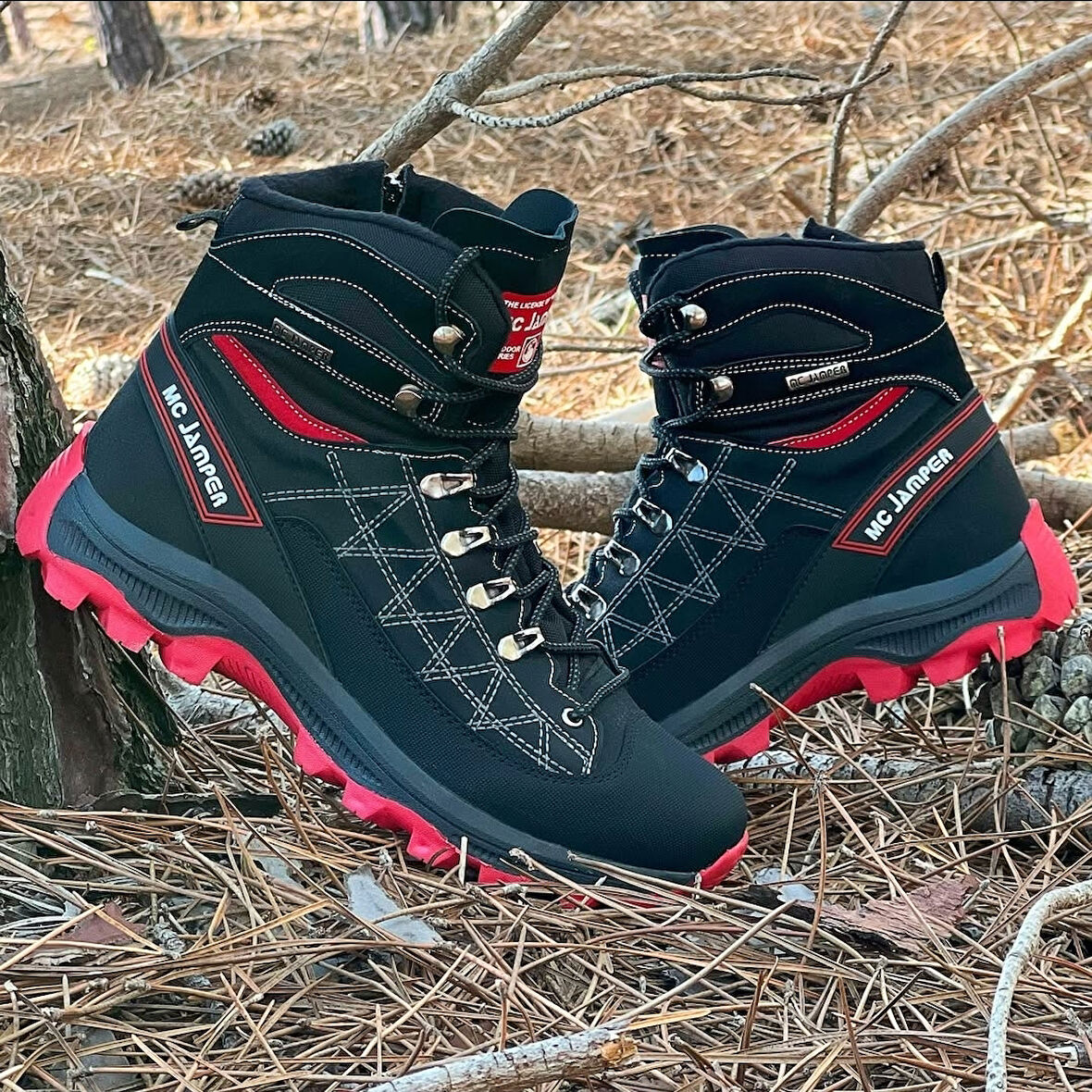 2224-Jamper Anatomik Kaydırmaz Tabanlı Soft Shell Outdoor Trekking Erkek Fermuarlı Spor Bot - NKT02224-siyah-kırmızı-44