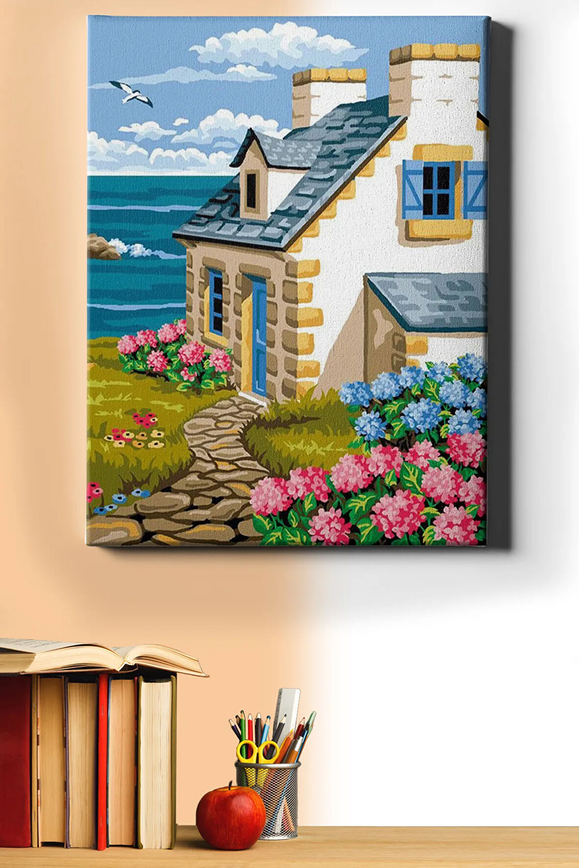 Sayılarla Boyama Seti Kasnaklı Mavi Çatılı Ev 40 X 50 Cm