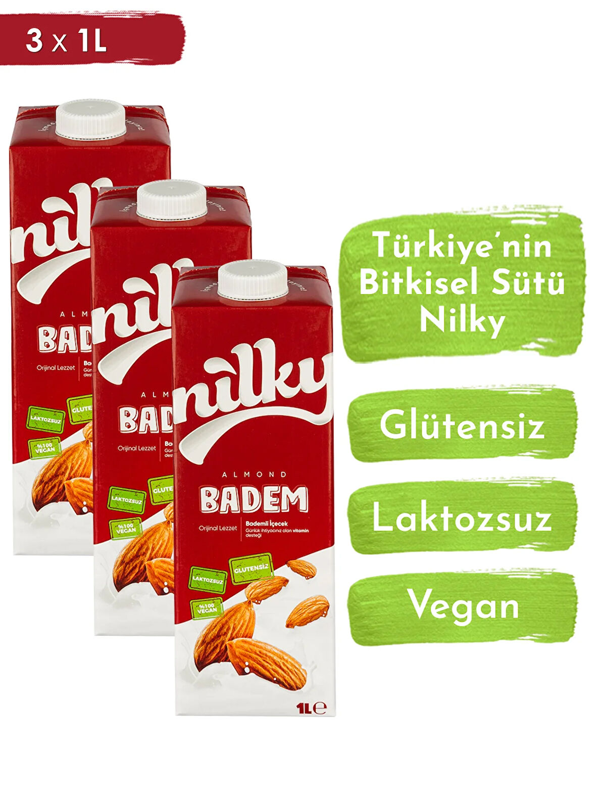 Nilky Badem Sütü Glütensiz Bitkisel Bazlı Laktosuz Vegan 3x1 lt