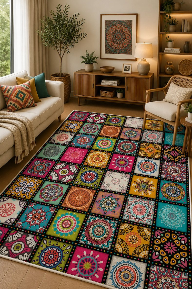 Norella Home Renkli Mandala Desenli Etnik Patchwork Halı 200x300 cm Kaymaz Tabanlı Yıkanabilir Dijital Baskı