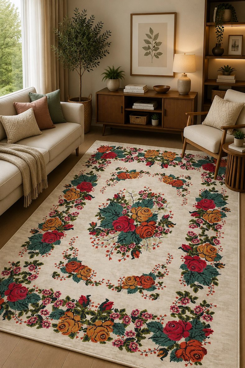 Çiçek Desenli Kaymaz Taban Yıkanabilir Halı Salon Halısı Koridor Halısı Antre Halısı Vintage Gül Motifli Dekoratif Halı Bohem Klasik Tasarım Halı