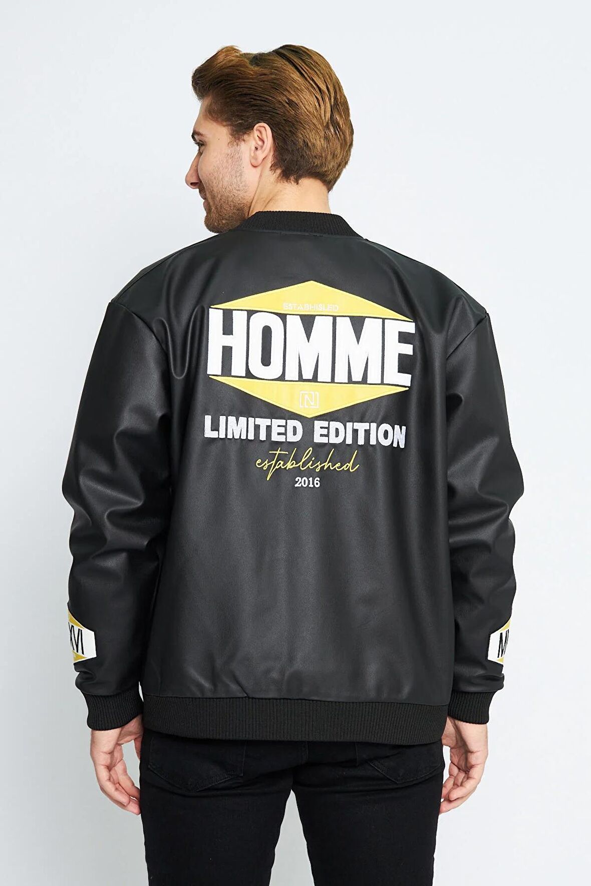 Unisex Oversize Deri HOMME Nakış İşlemeli Bomber Ceket