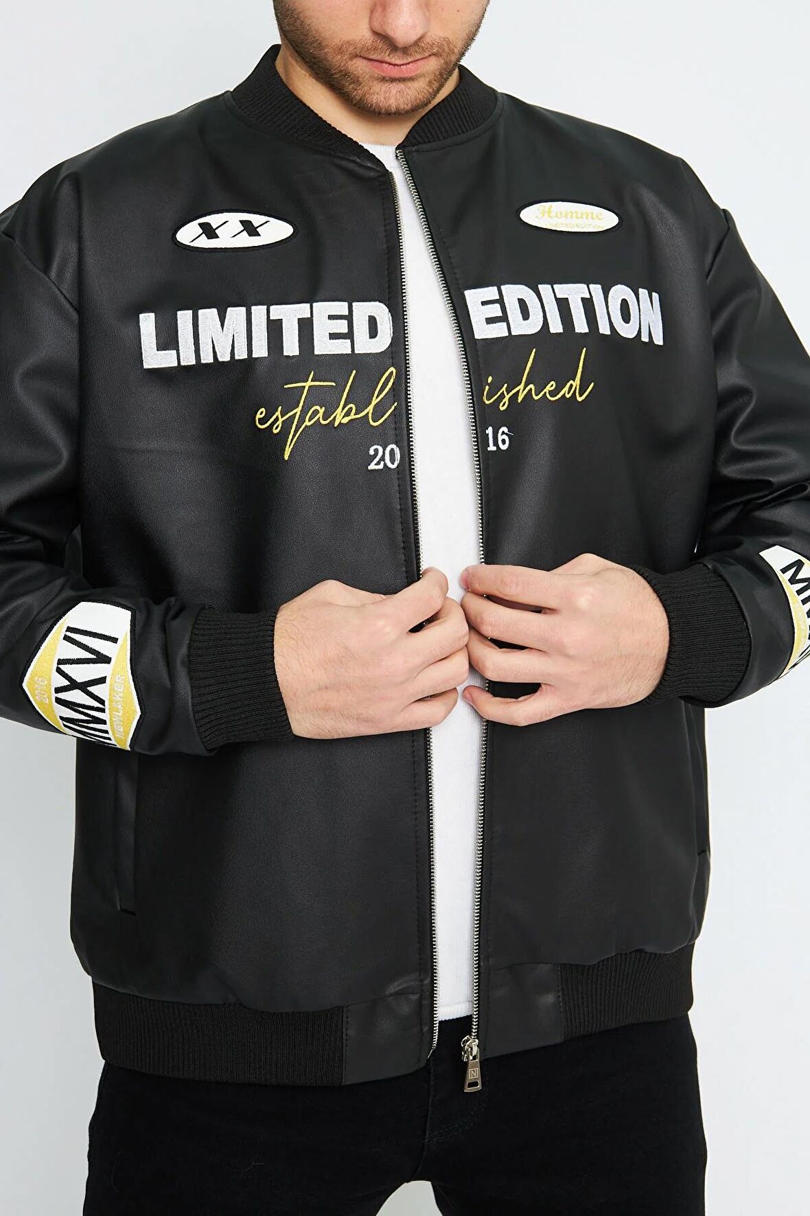 Unisex Oversize Deri HOMME Nakış İşlemeli Bomber Ceket