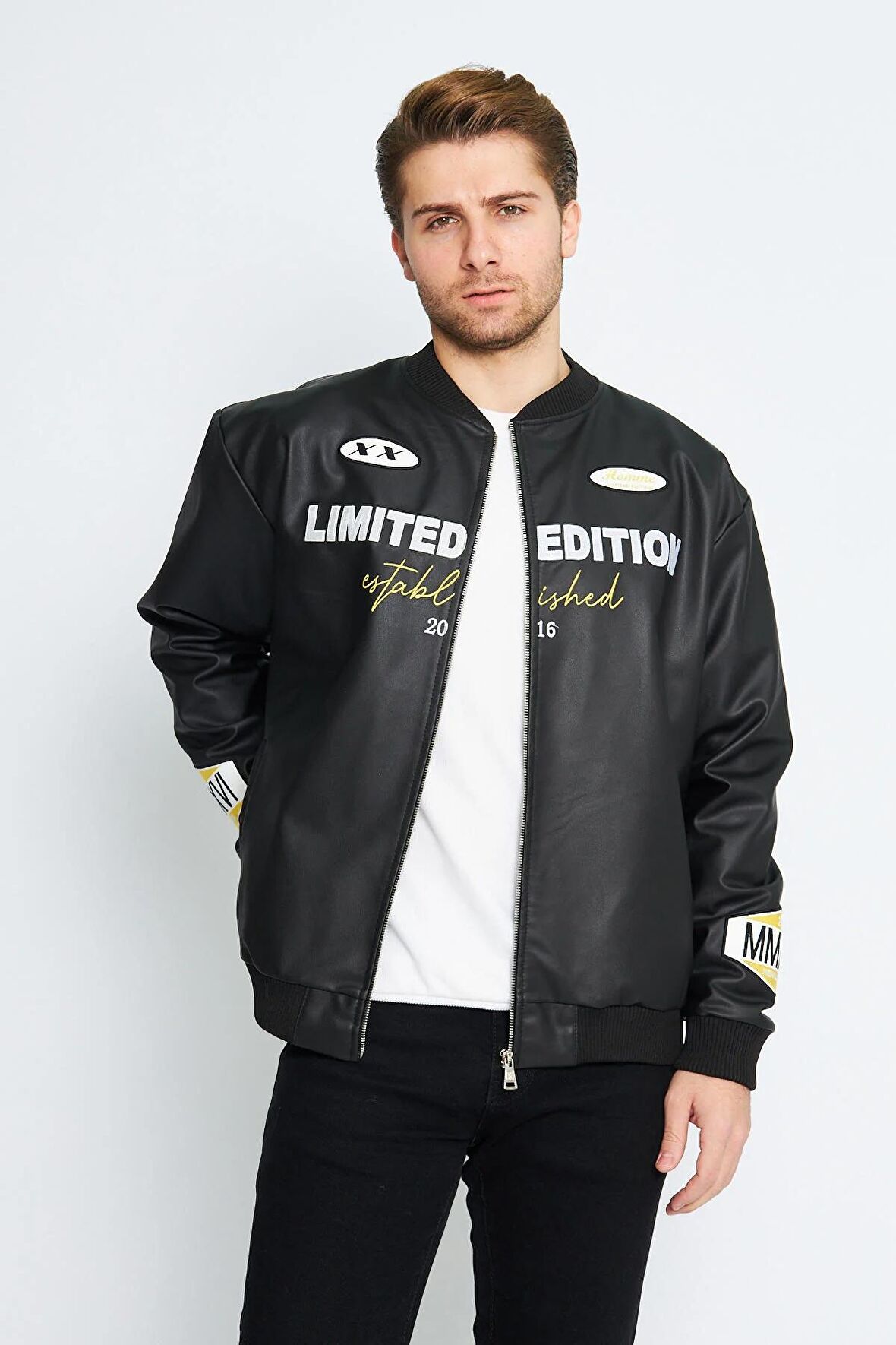 Unisex Oversize Deri HOMME Nakış İşlemeli Bomber Ceket