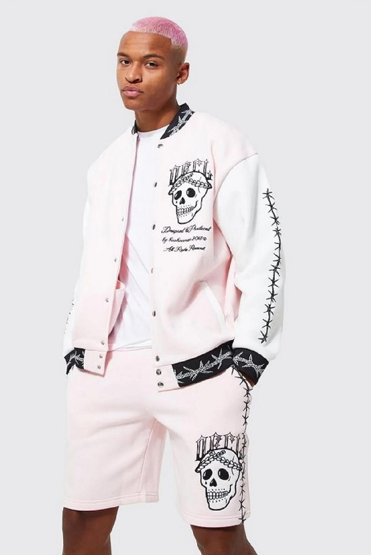 Unisex Oversize Pembe Kabaran Baskılı Bomber Kolej Ceket