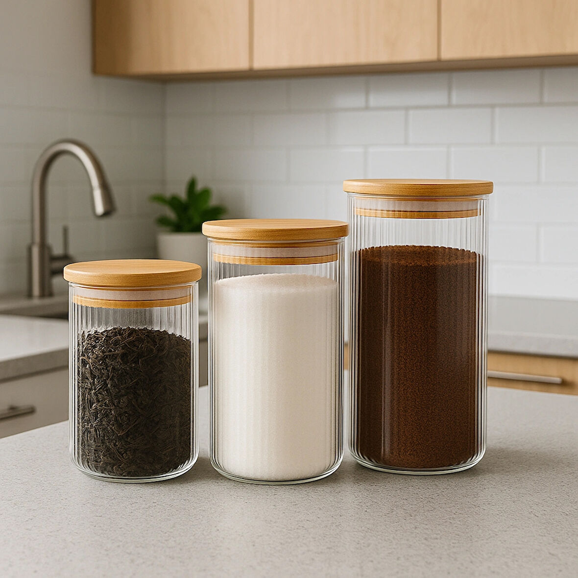 Bambu Kapaklı Cam Kavanoz 3'lü Set Vakumlu Saklama Kabı