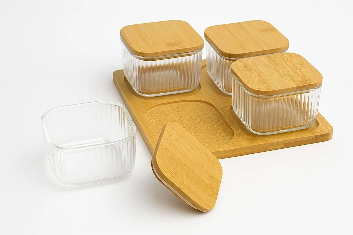 4'lü Bambu Kapaklı Cam Kahvaltılık Seti