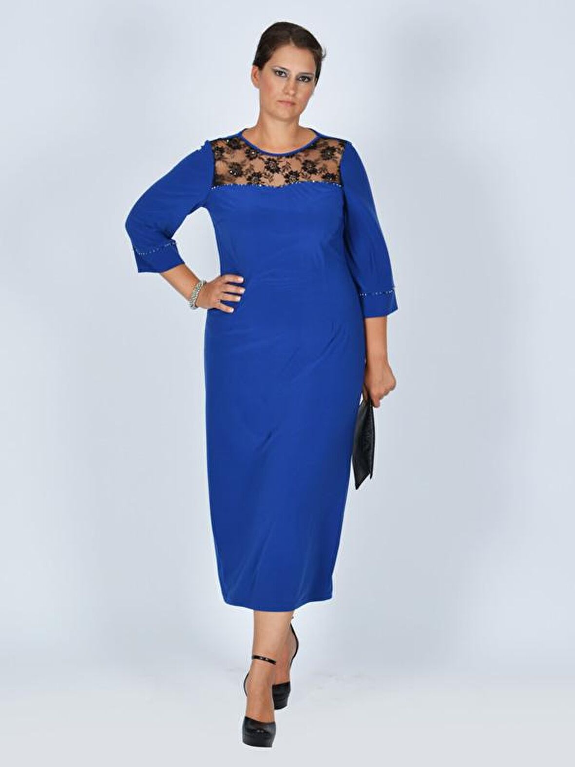 Nidya Moda Büyük Beden Kadın Saks Roba  Dantel Taşlı   Abiye Elbise-4025ASX