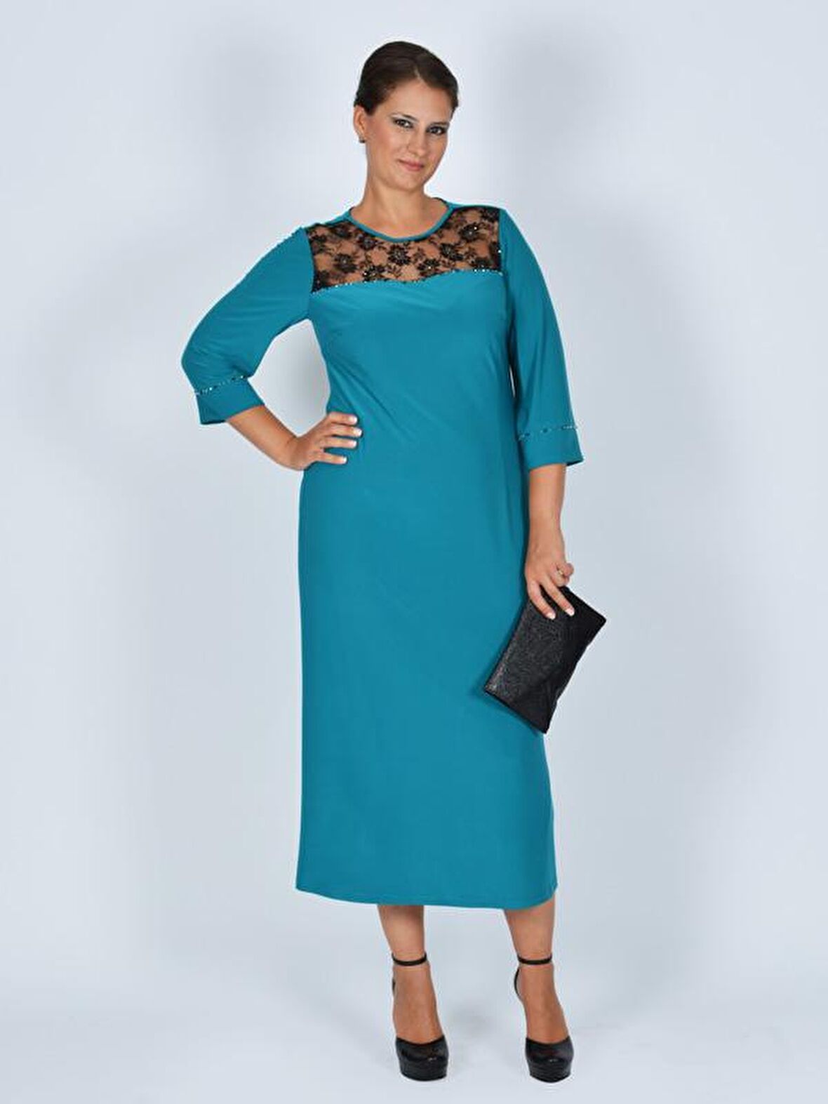Nidya Moda Büyük Beden Kadın Turkuaz Roba  Dantel Taşlı   Abiye Elbise-4025AT