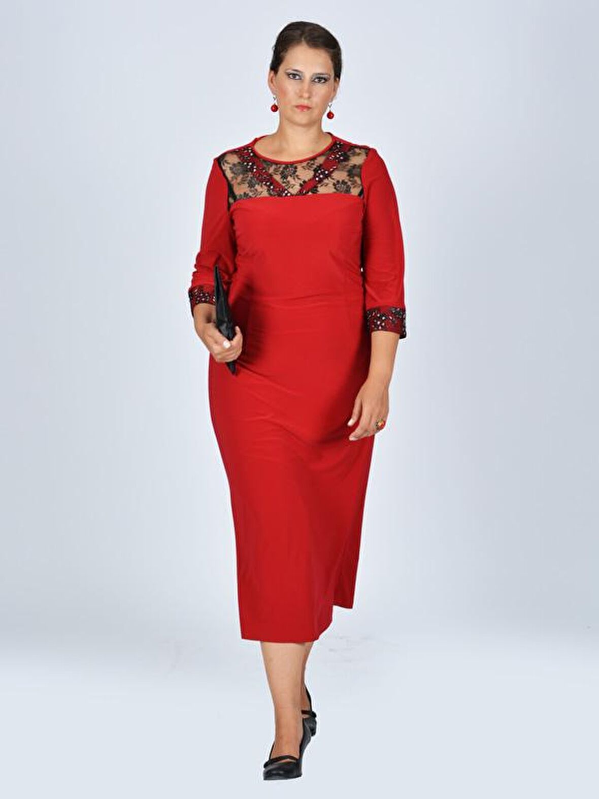 Nidya Moda Büyük Beden Kadın Kırmızı V Bantlı Roba Manşet Dantel Taşlı   Abiye Elbise-4025K
