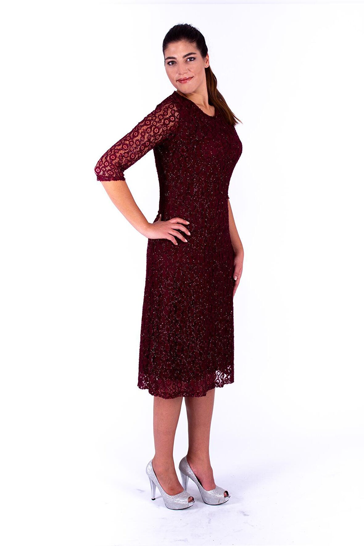 Nidya Moda Büyük Beden Kadın Siyah Kloş Simli Dantel Abiye Elbise-4036YB