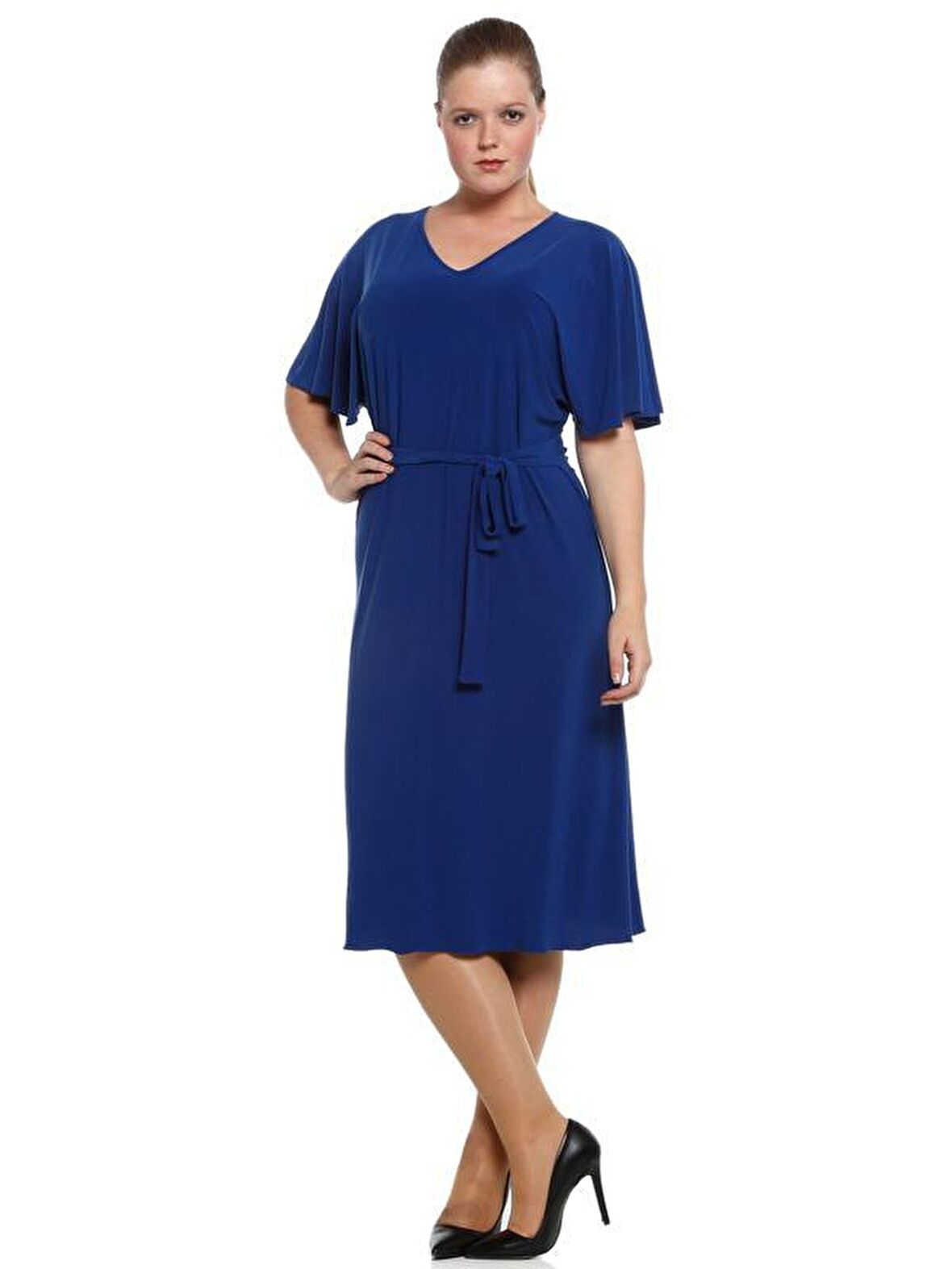 Nidya Moda Büyük Beden Kadın Saks Kuşaklı Elbise-4071SX