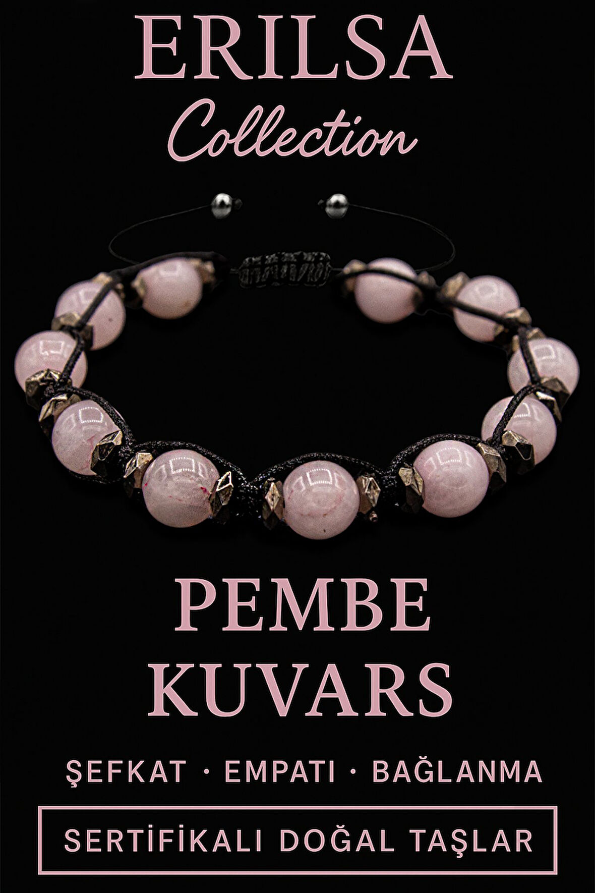 Sertifikalı Terahertz & Pembe Kuvars Taşı Bileklik – Sevgi, Şefkat ve Enerji Koruması