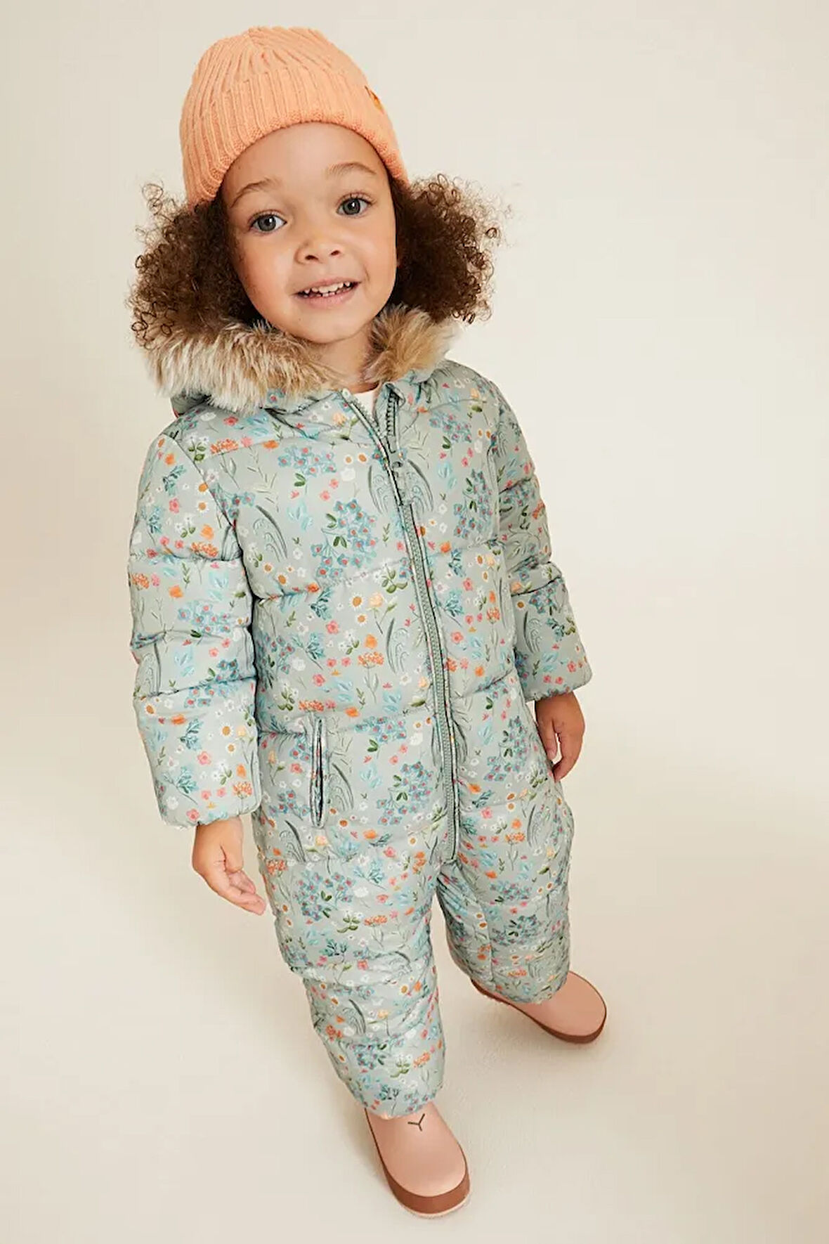 Green Floral Lüks Suni Kürklü Suya Dayanıklı Tam Polar Astarlı Kar Tulumu