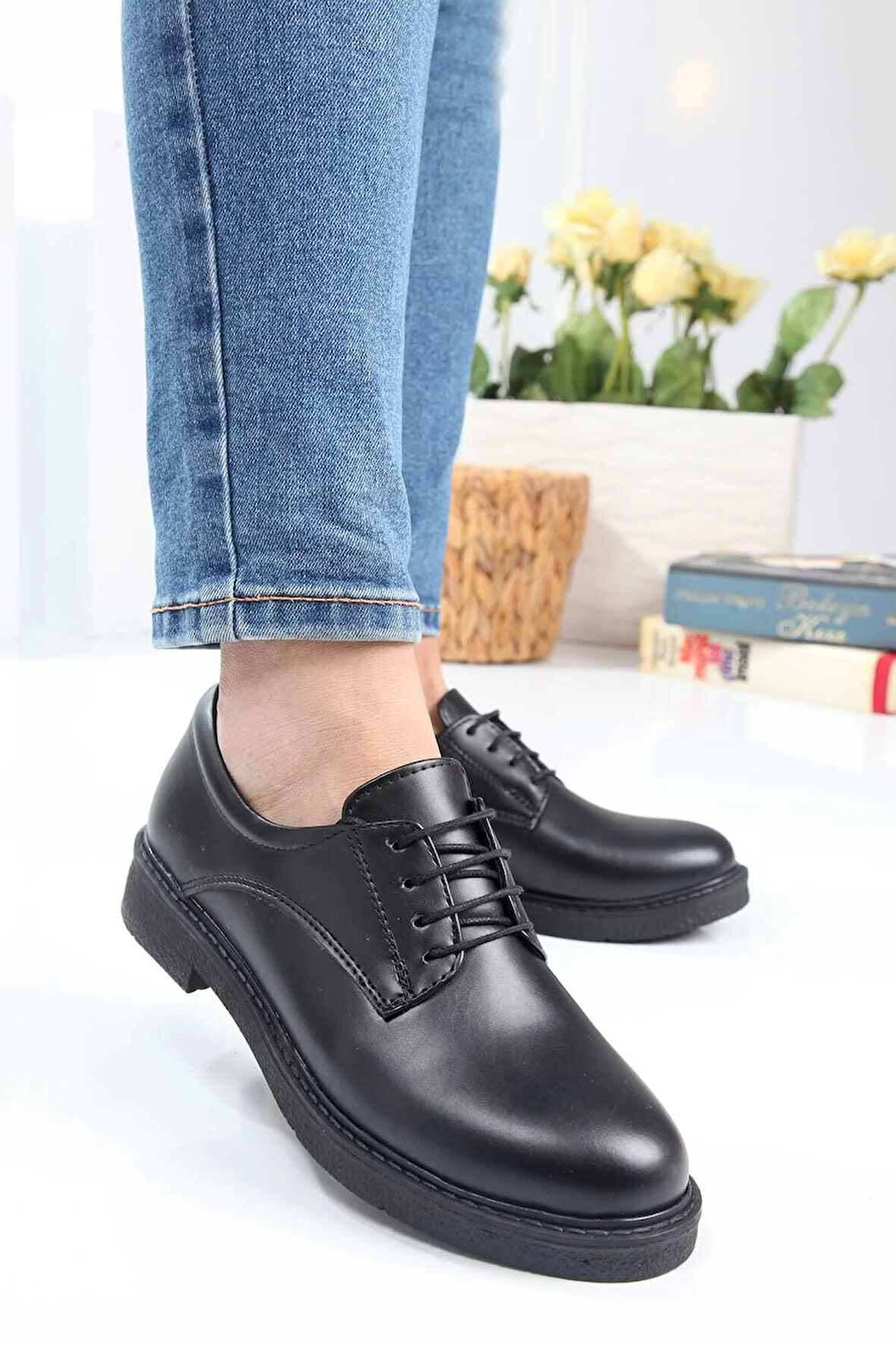 Günlük Rahat Ve Şık Kalın Tabanlı Kadın Bağcıklı Loafer Ayakkabı