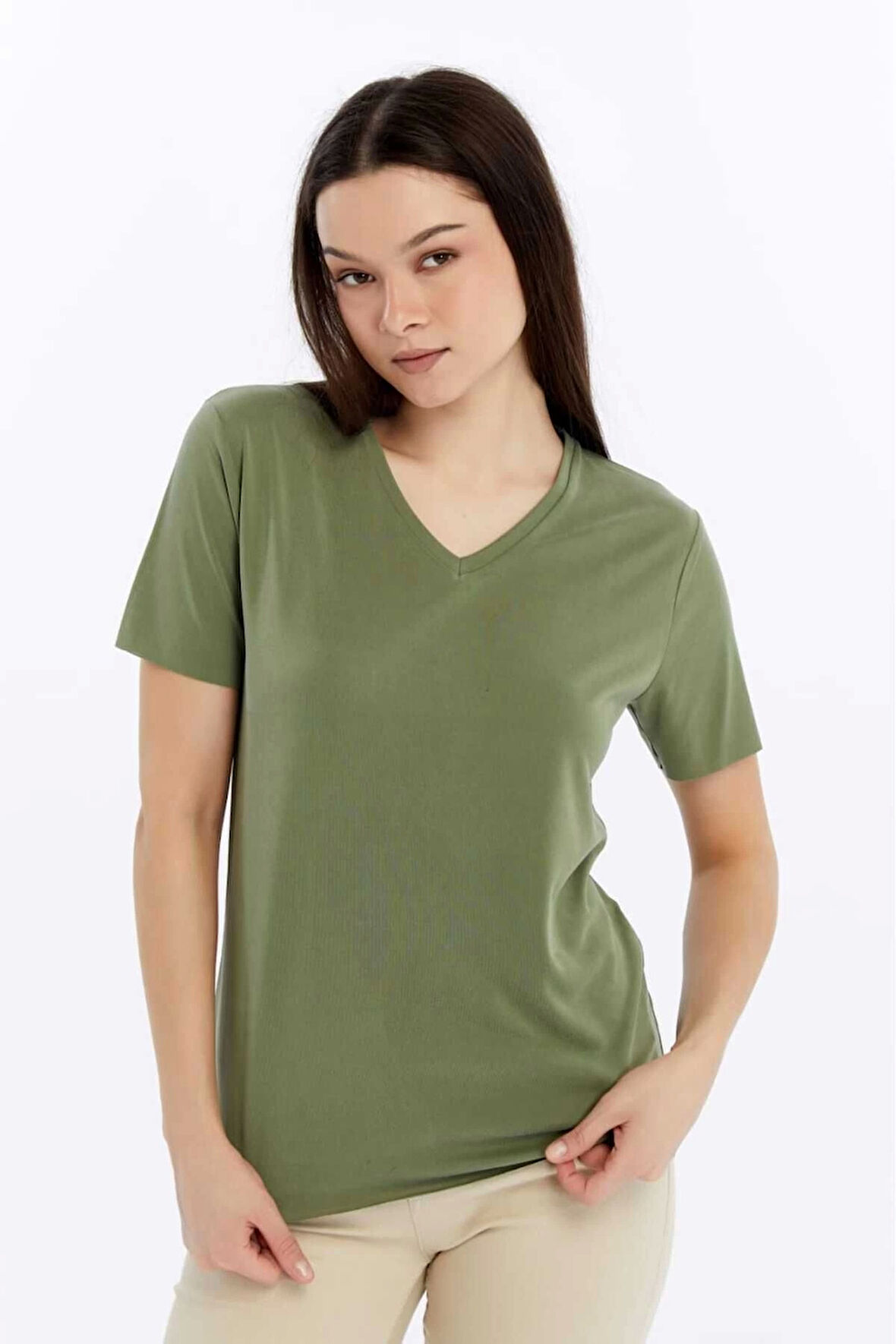 Kadın Yeşil V Yaka Cupra Modal Kumaş Kısa Kollu t-shirt