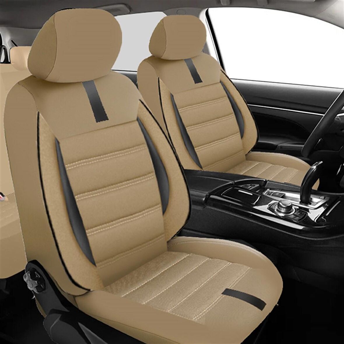 NiCe Shop  Mirage Serisi Taytüyü Kumaş Deri Detaylı Airbag Dikimli Oto Koltuk Kılıfı Ön Arka Tam Set