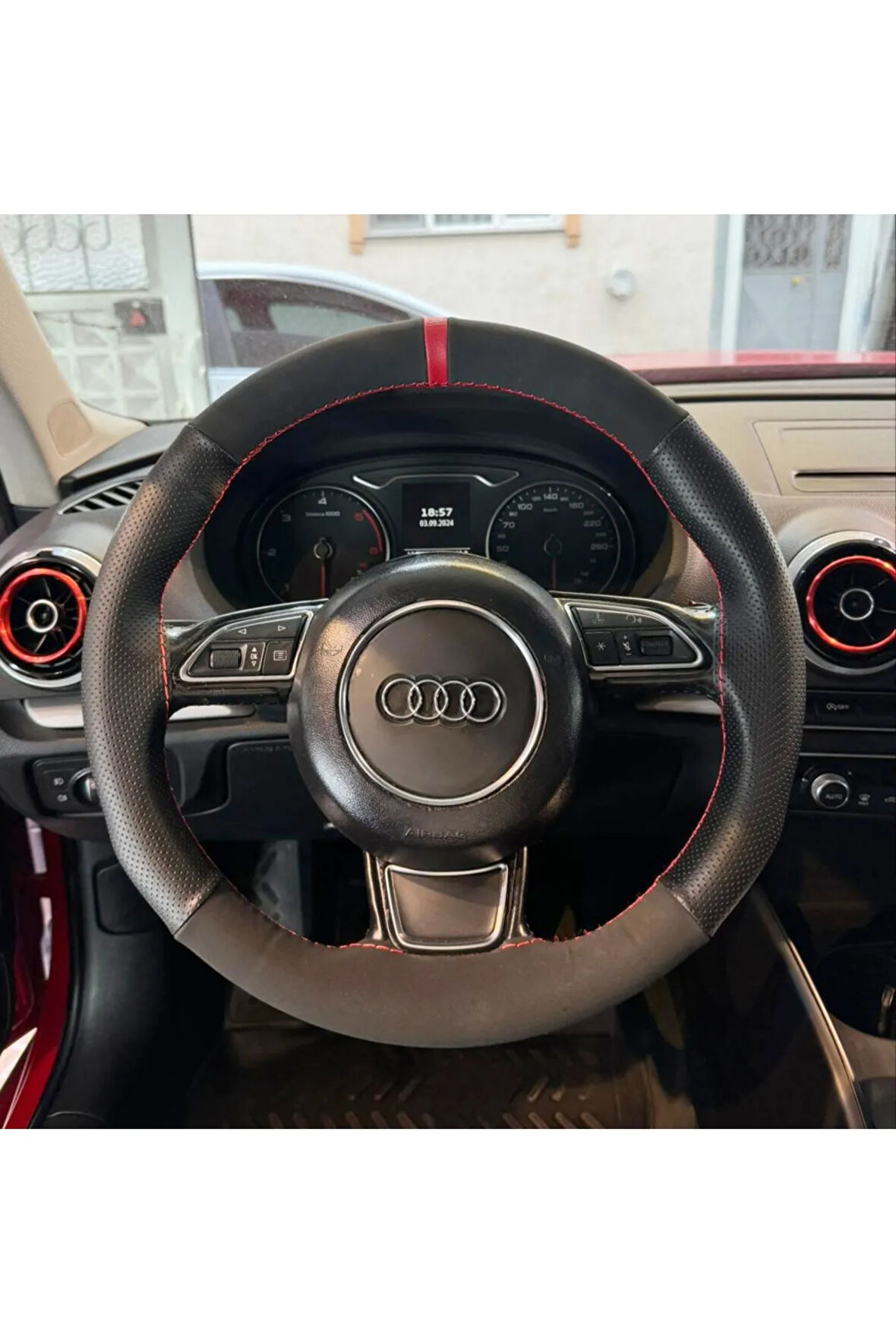 DİKİŞLİ DİREKSİYON KILIFI NOKTALI NUBUK KIRMIZI YÜZÜK KIRMIZI DİKİŞ AUDİ A3 İÇİN HIZLI KARGO