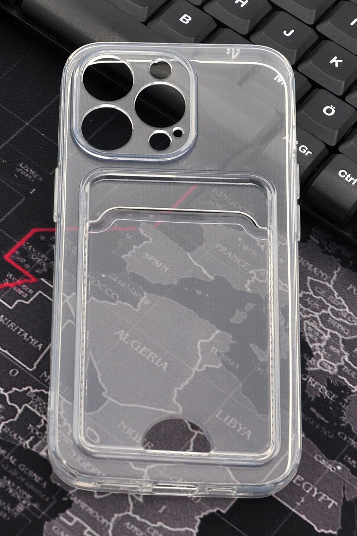 iPhone 13 Pro Max Uyumlu Kredi Kartlıklı Şeffaf Kılıf Kamera Korumalı