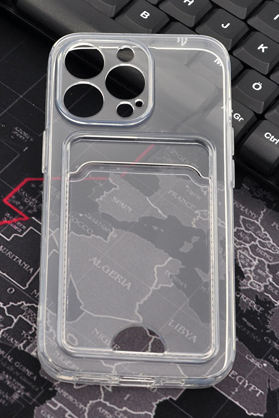 iPhone 14 Pro Uyumlu Kredi Kartlıklı Şeffaf Kılıf Kamera Korumalı