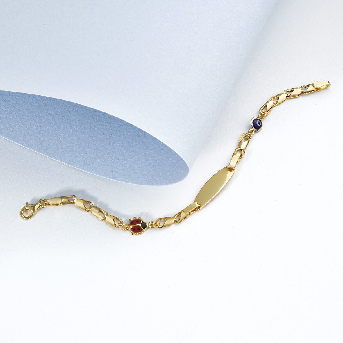 14 Ayar Altın Kaplama Kişiselleştirilmiş Uğur Böceği ve Göz Nazar Boncuklu Çocuk Bilekliği - BPC00101