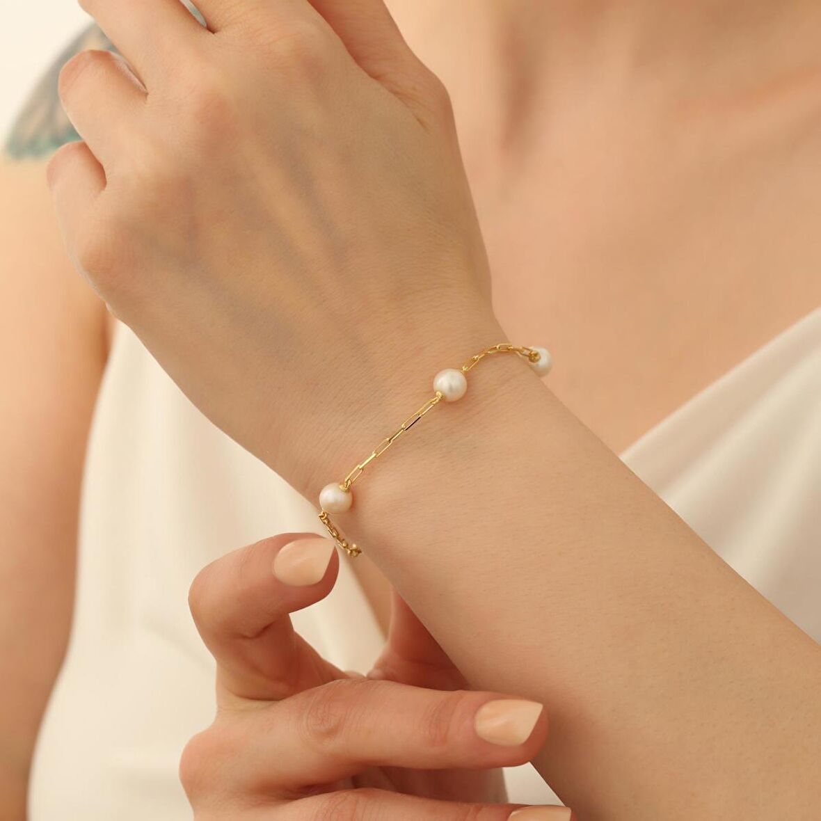 925 Ayar Gümüş Creamrose Tatlısu İncisi Bileklik-7.50mm