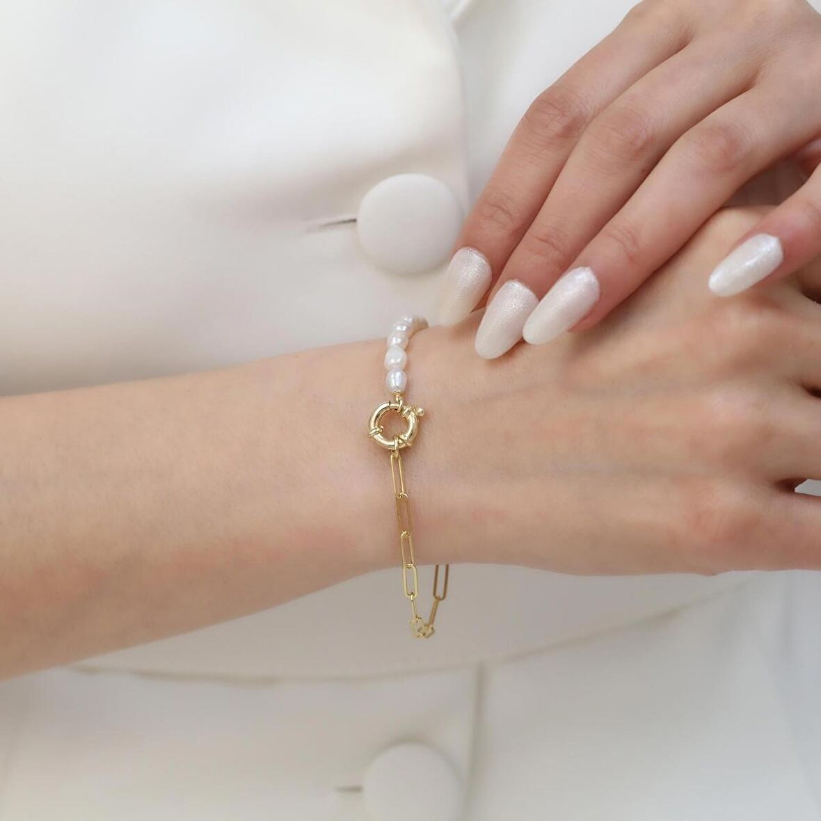 925 Ayar Gümüş Barock White Tatlısu İncisi Bileklik-5mm