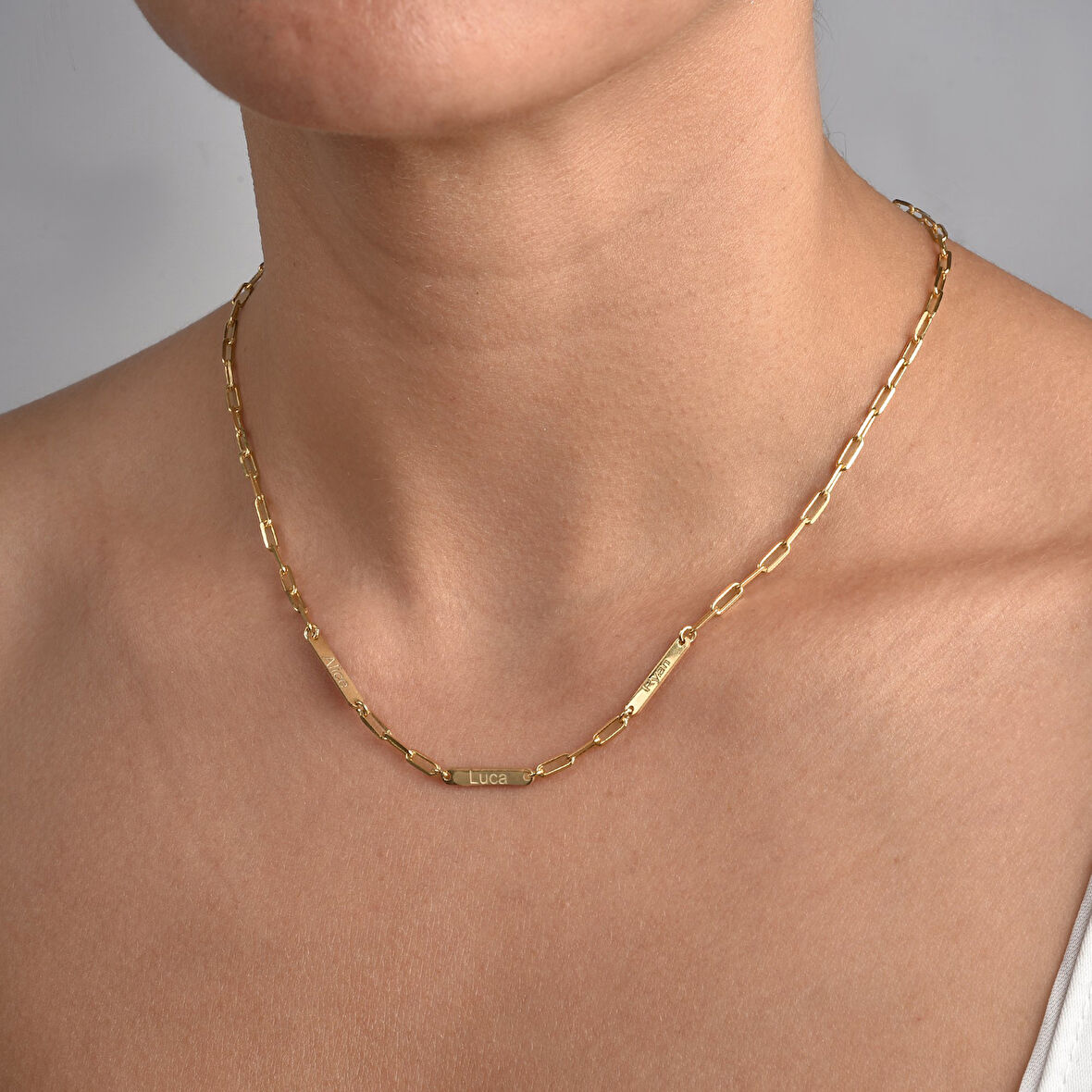 14 Ayar Altın Kaplama Ataç Zincirli Barlı Çok İsimli Gümüş Kolye - CN00451