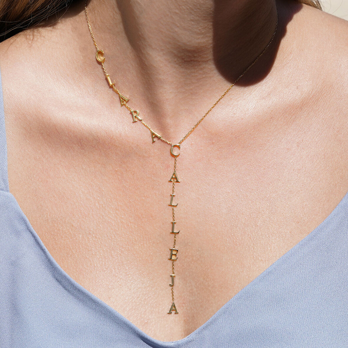 14 Ayar Altın Kaplama Kişiye Özel Kravat&Y Formunda İsim Gümüş Kolye - CN00454