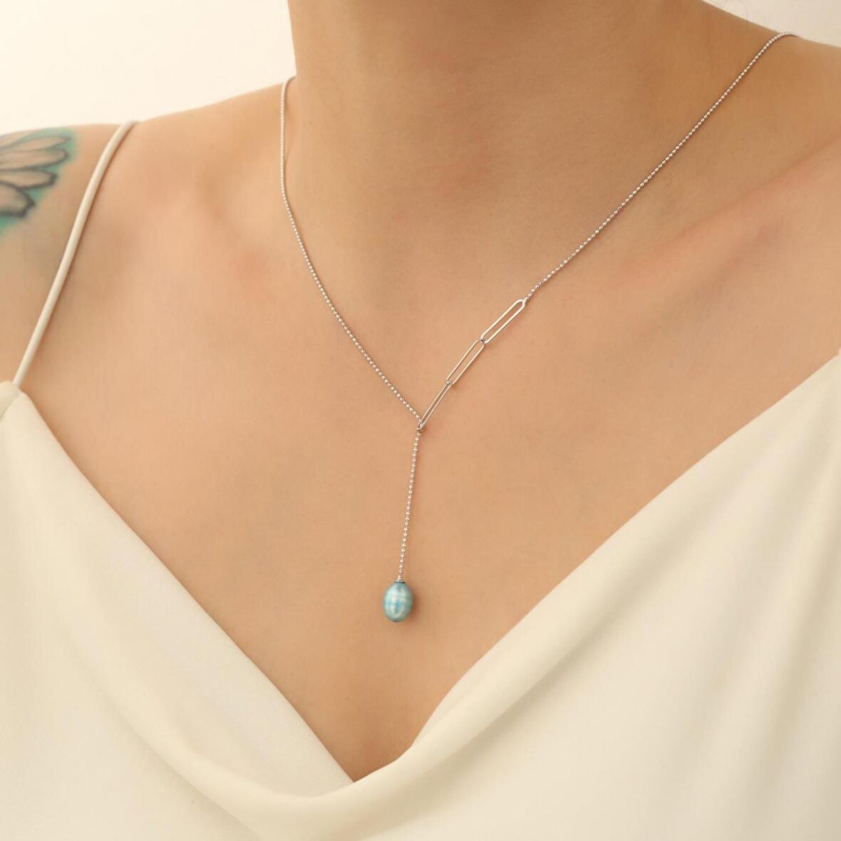 925 Ayar Gümüş Barock Ocean Blue Tatlısu İncisi Kolye-8mm