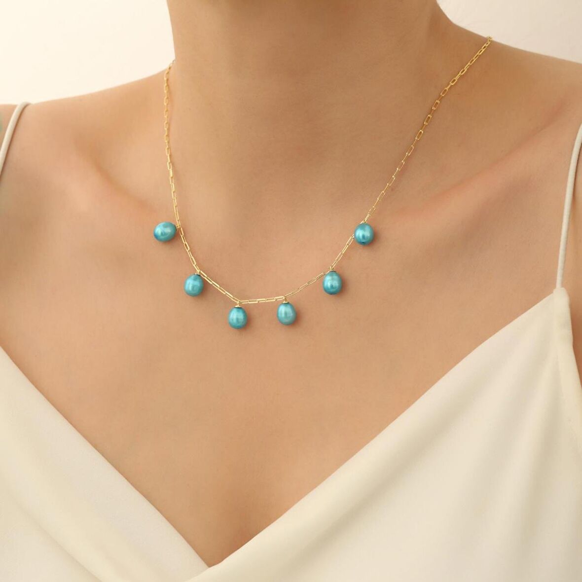 925 Ayar Gümüş Barock Ocean Blue Tatlısu İncisi Kolye-8mm