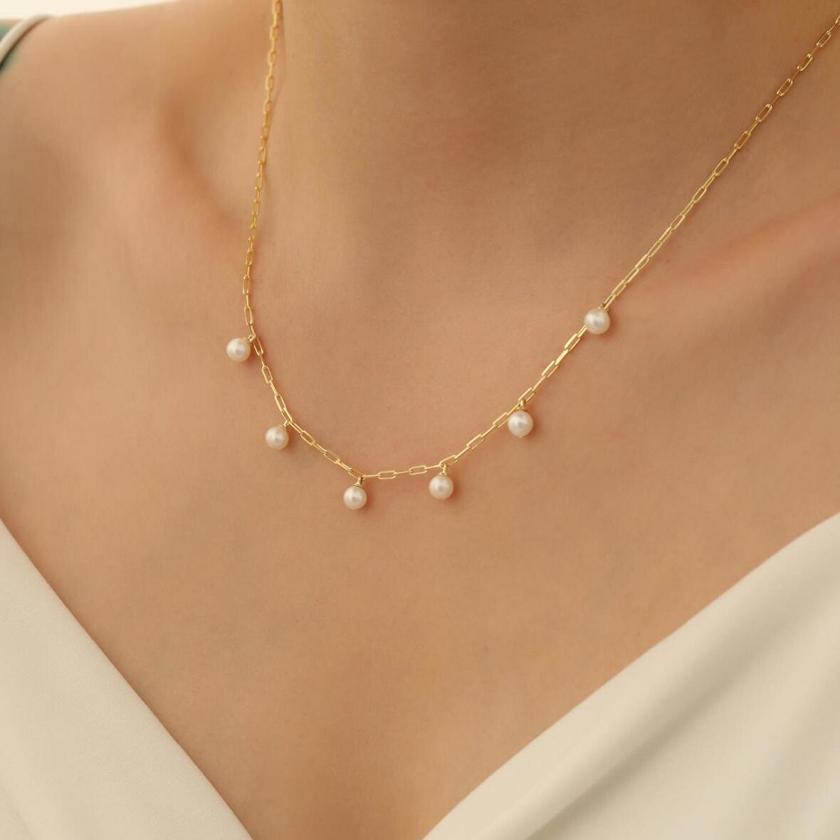 925 Ayar Gümüş Sallantılı White Tatlısu İncisi Kolye-6mm