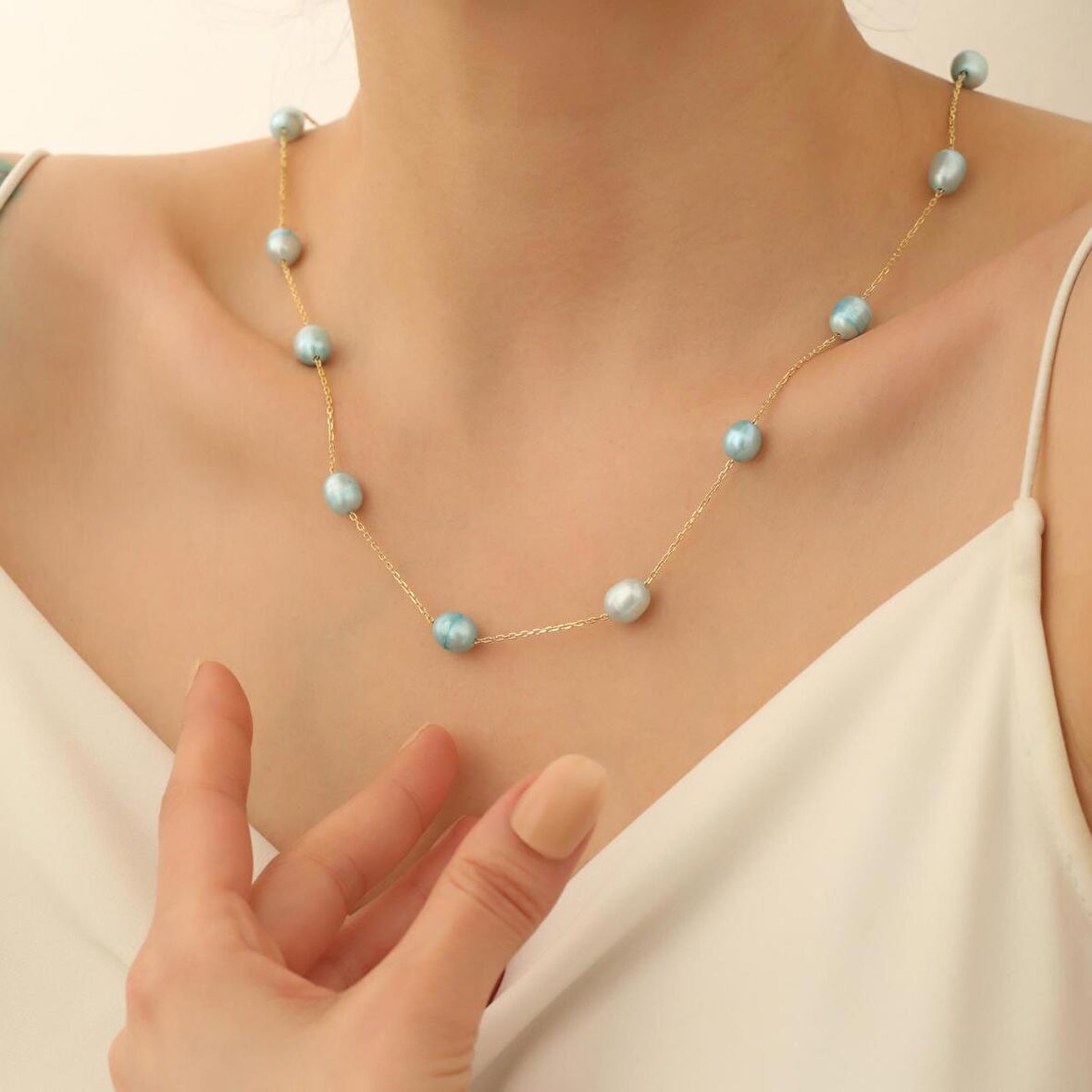 925 Ayar Gümüş Barock Fresh Blue Tatlısu İncisi Kolye-8mm