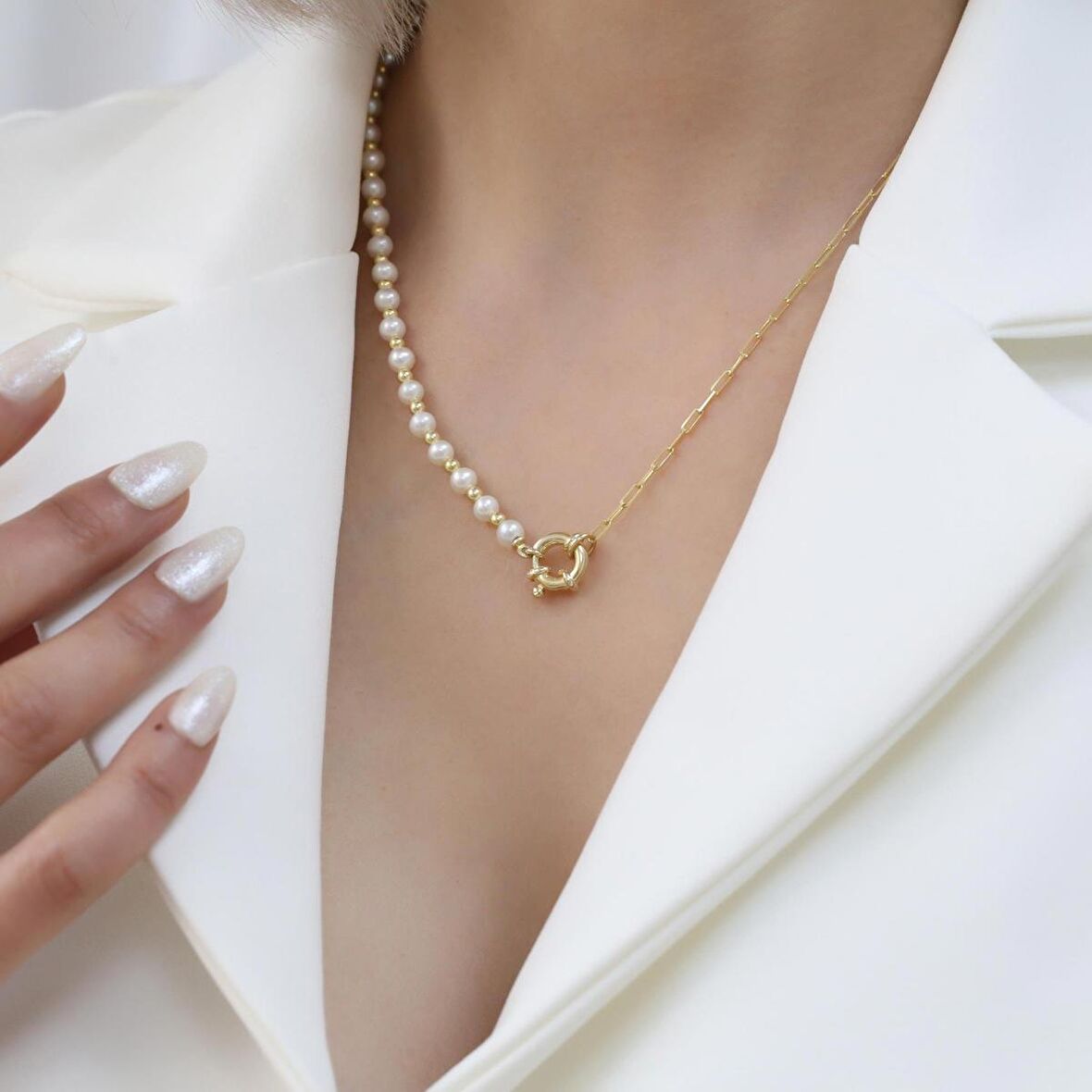 925 Ayar Gümüş Cream Tatlısu İncisi Kolye-5mm