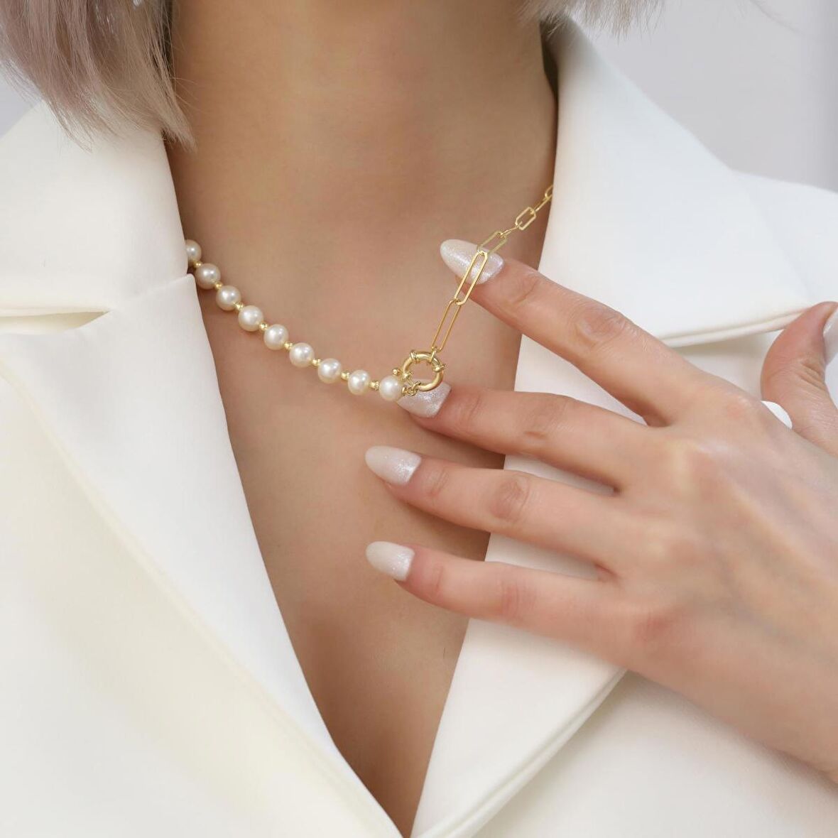 925 Ayar Gümüş Creamrose Tatlısu İncisi Kolye-7mm