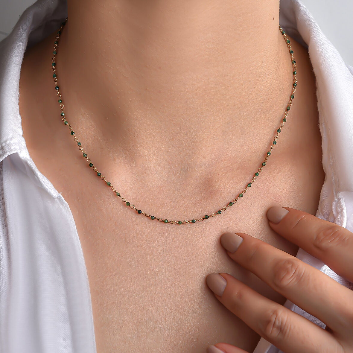 14 Ayar Altın Kaplama Zümrüt  Doğal Taşlı  El Yapımı Gümüş Kolye - CNS00634