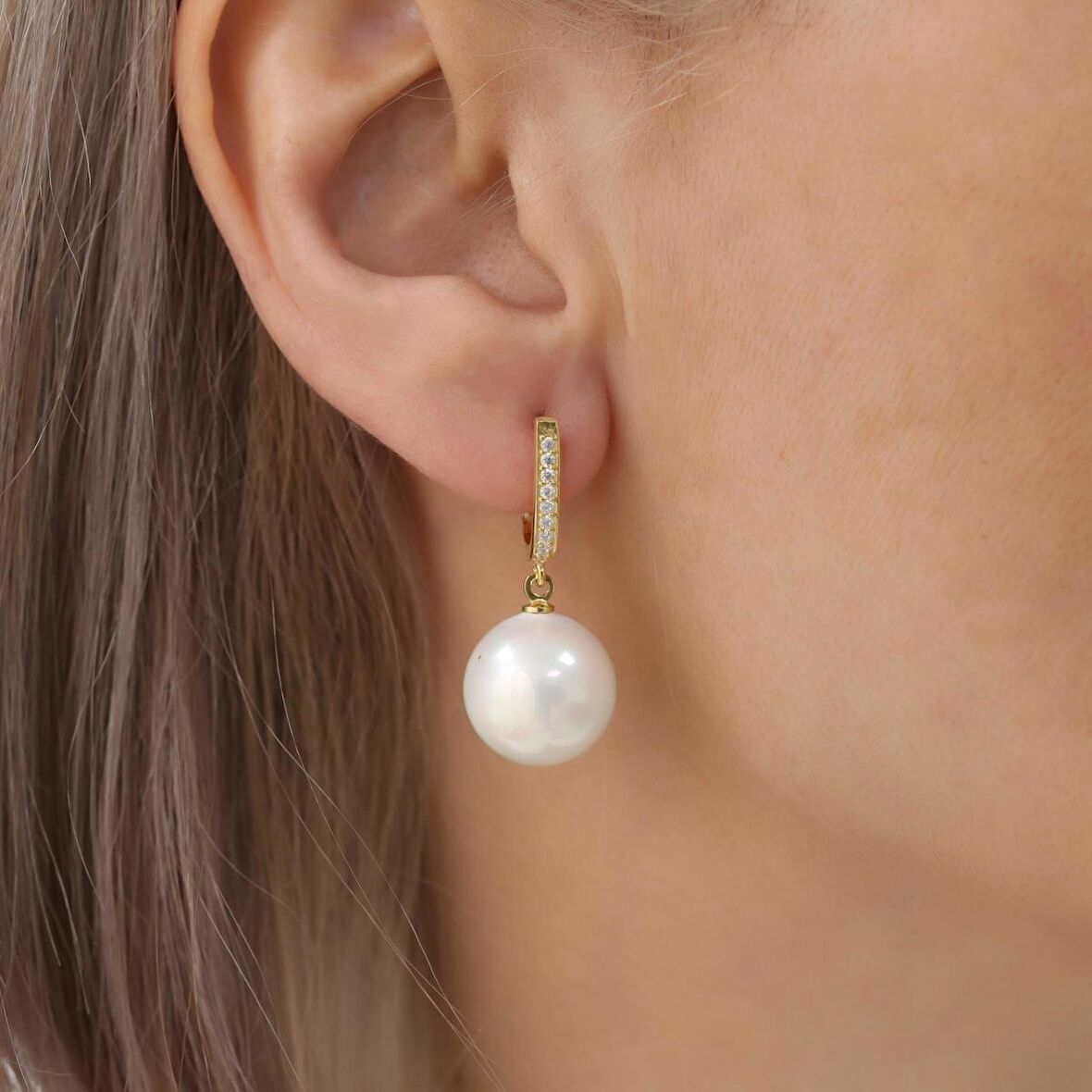925 Ayar Gümüş Taş Detaylı Creamrose Tatlısu İncisi Küpe-14mm