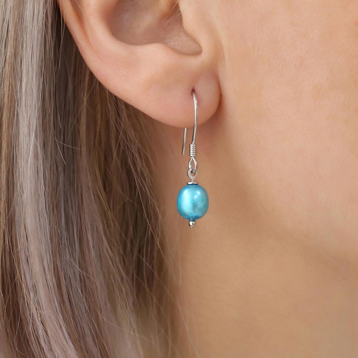 925 Ayar Gümüş Barock Ocean Blue Tatlısu İncisi Küpe-8mm