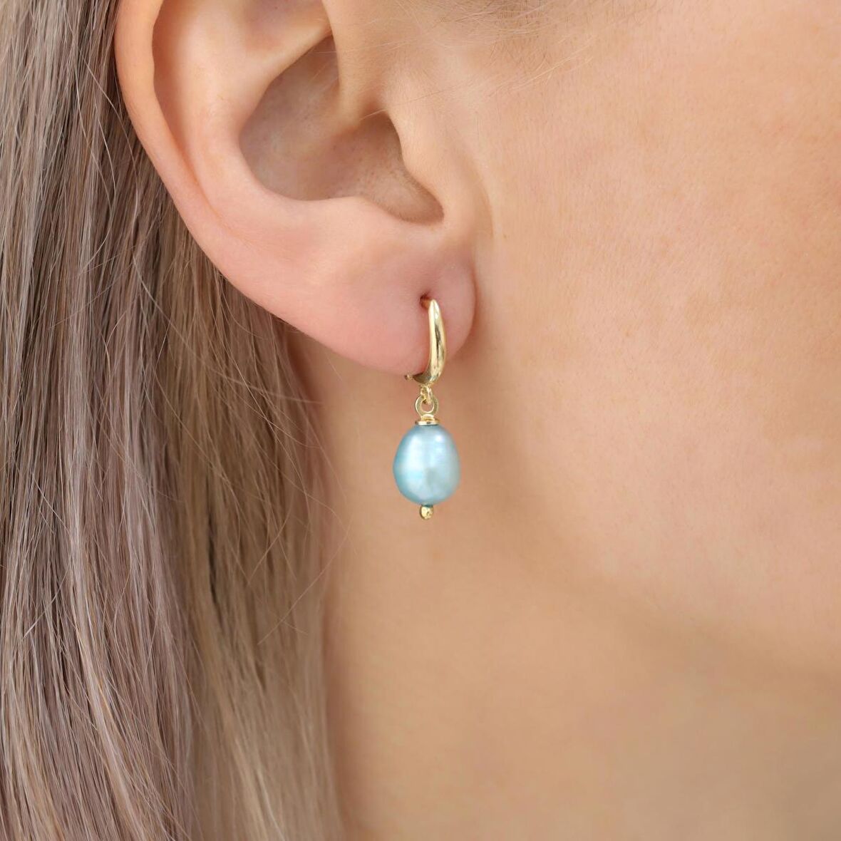 925 Ayar Gümüş Barock Fresh Blue Tatlısu İncisi Küpe-8mm