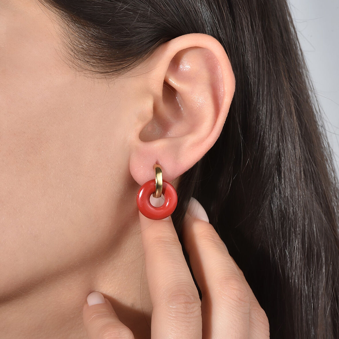 14 Ayar Altın Kaplama Gerçek ve Doğal Donut Mercan Taşlı Halka Küpe - ES00156