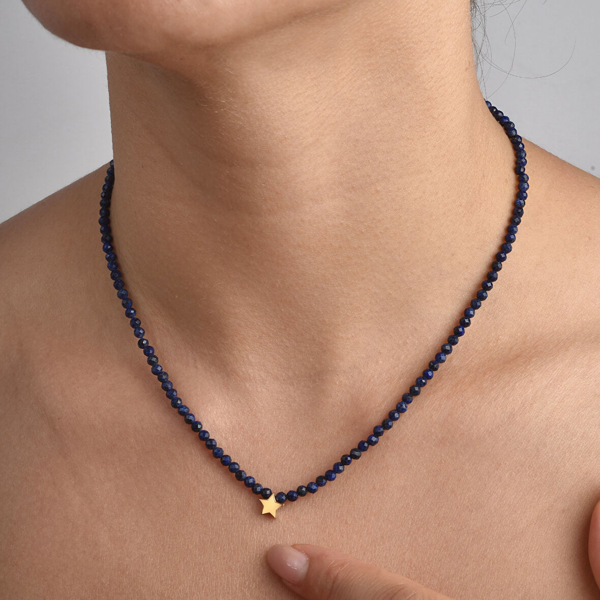14 Ayar Altın Kaplama Lapis Lazuli Doğal Taşlı Yıldız  Gümüş Kolye - NGS00112