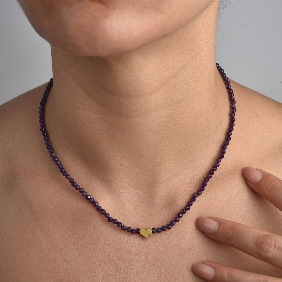 925 Ayar Gümüş Altın Kaplama Doğal Ametist Boncuklu Kalp Detaylı Kolye - NGS00123