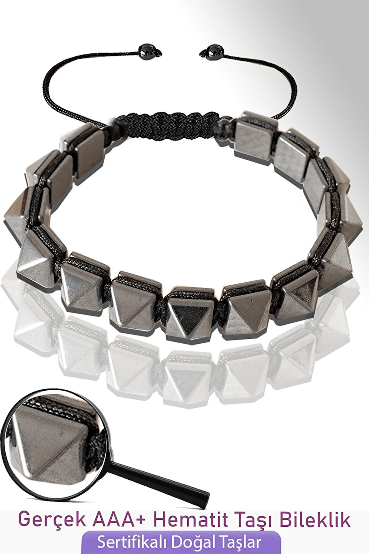 Sertifikalı Elmas Kesim Gerçek Silver Hematit Taşı Bileklik - Ayarlamalı