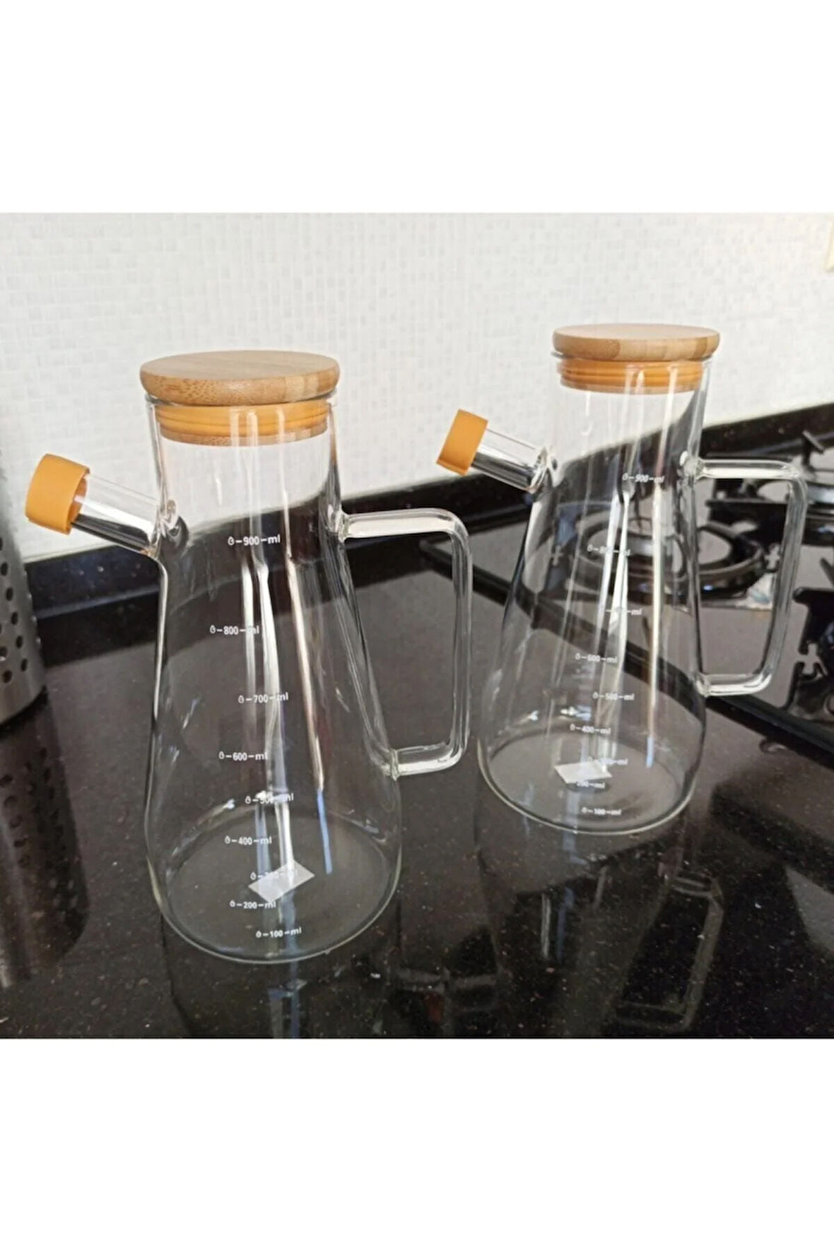 Bambu Kapaklı Vakumlu Borosilikat Cam Yağlık & Sirkelik 2'li Set 900 Ml