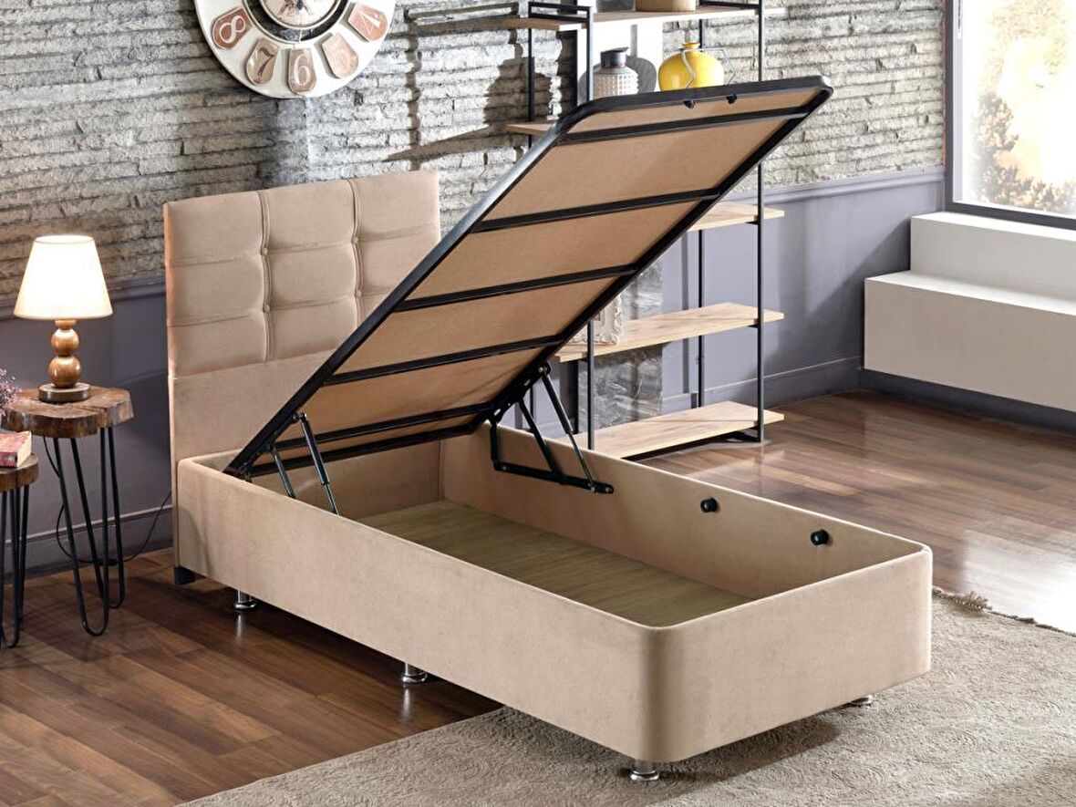 Niron Yatak Polo Tek Kişilik Sütlü Kahve Baza + Başlık 90 x 190 cm