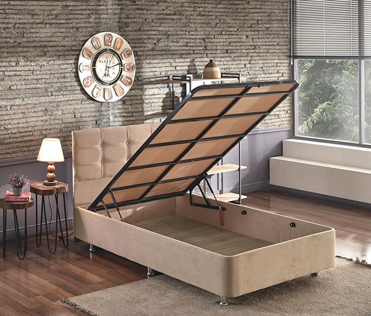 Niron Yatak Polo Tek Kişilik Sütlü Kahve Baza + Başlık 120 x 200 cm