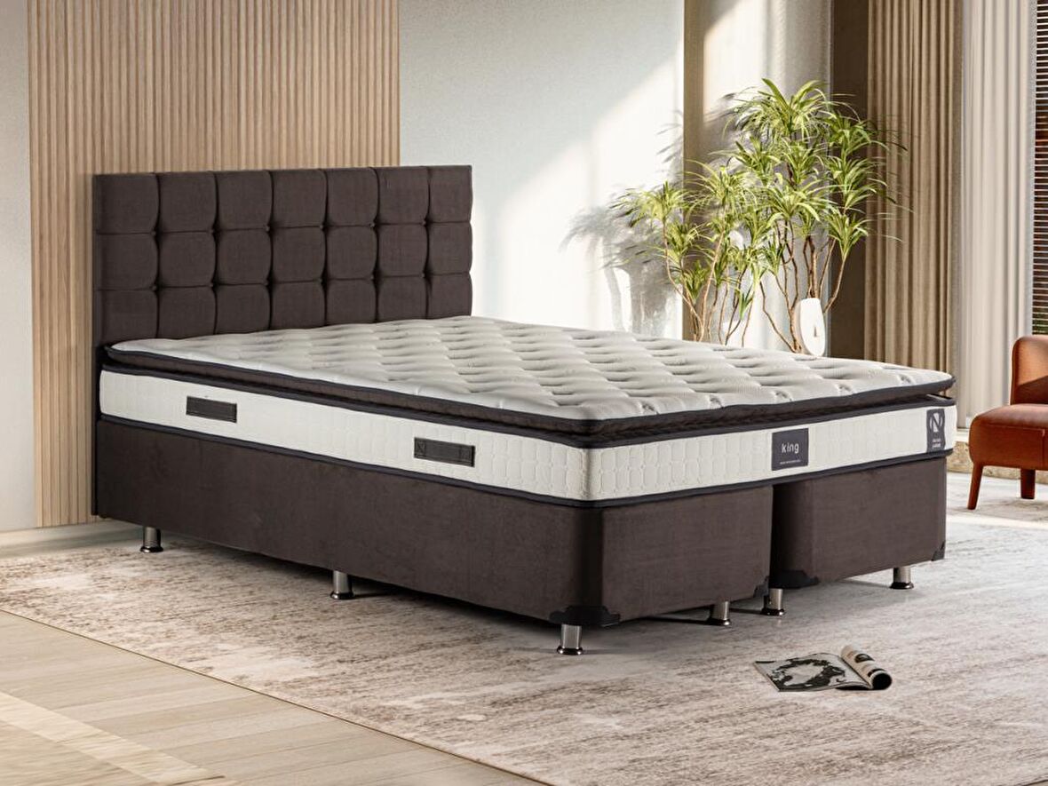 Niron King Yatak Seti 160x200 Çift Kişilik Yatak Baza Başlık Takımı Füme