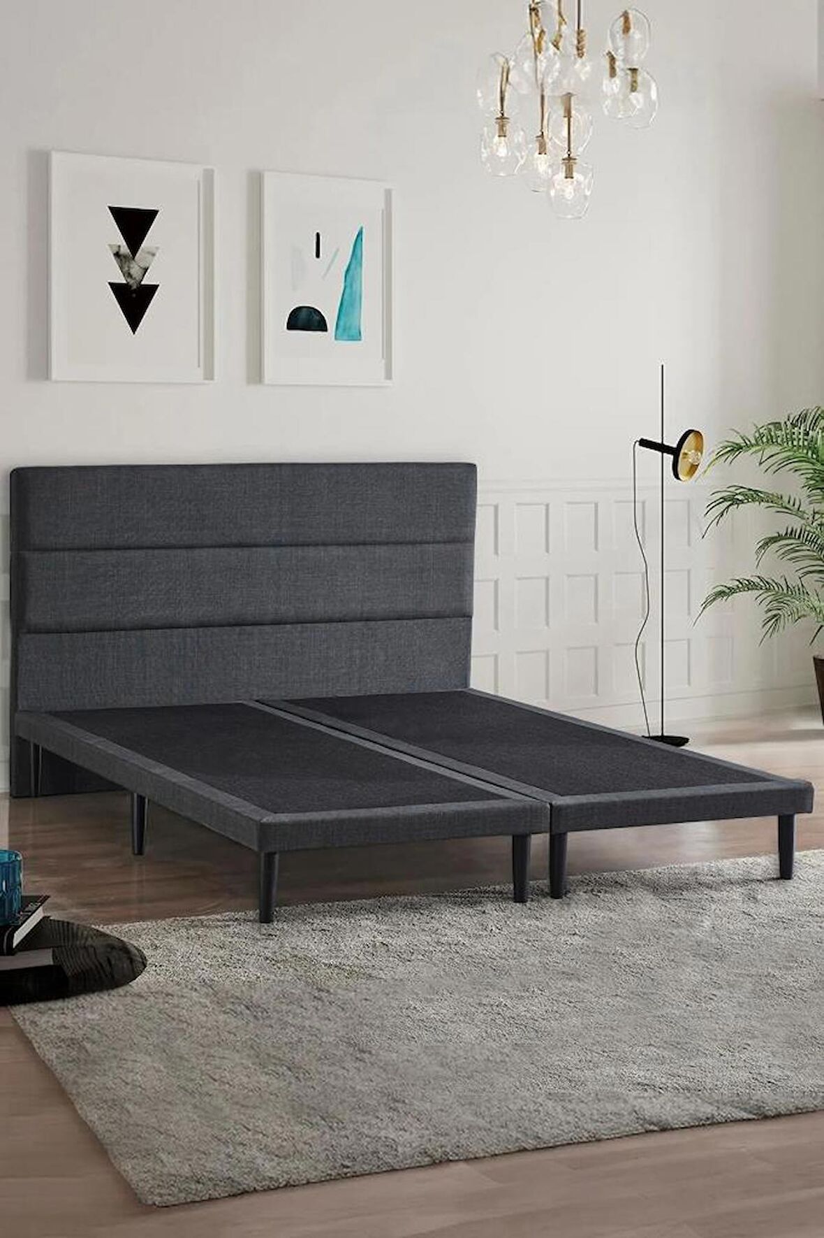 Niron Slim Baza ve Başlık Takımı 180x200 Çift Kişilik Gri Kumaş Kaplı Metal Karyola ve Başlık Seti